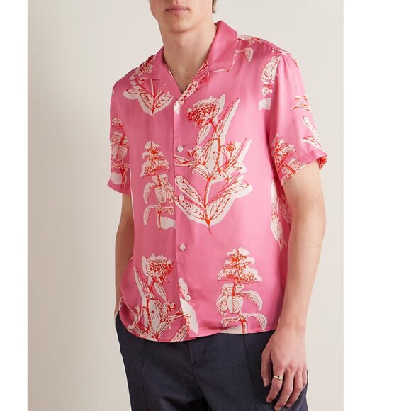 CORRIDOR Men's Convertible-Collar Floral-Print Satin Shirt Size Small Pink - Picture 1 of 11